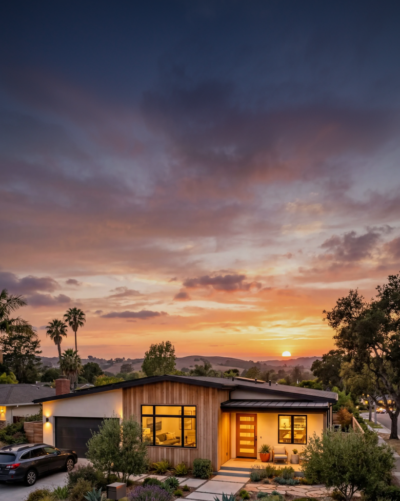 Modern home at sunset